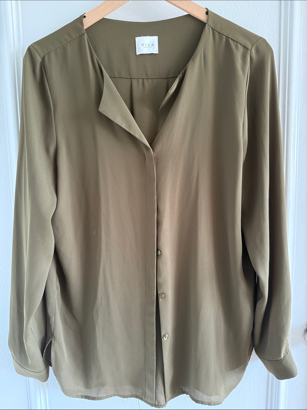 VILA Olive Button-Front V-Neck Blouse